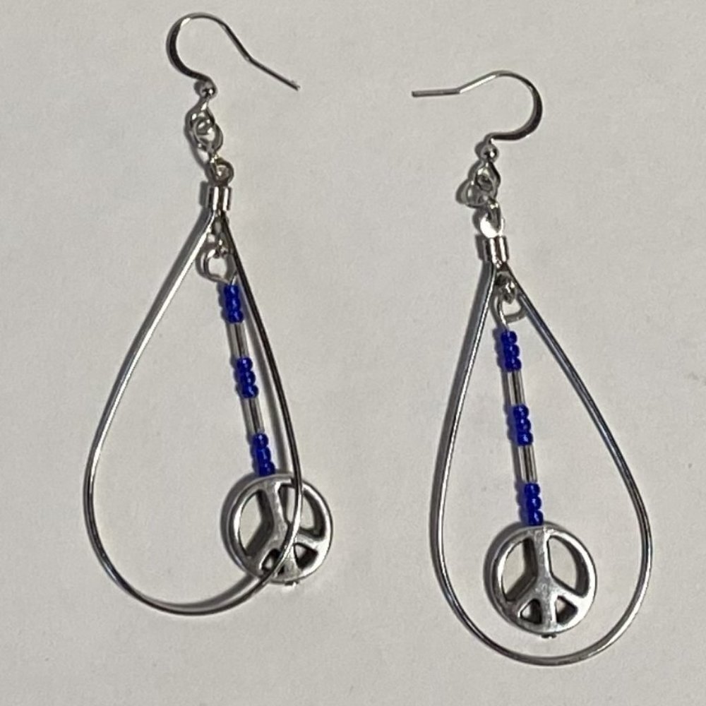 Blue & Silver Peace Sign Teardrop Earrings